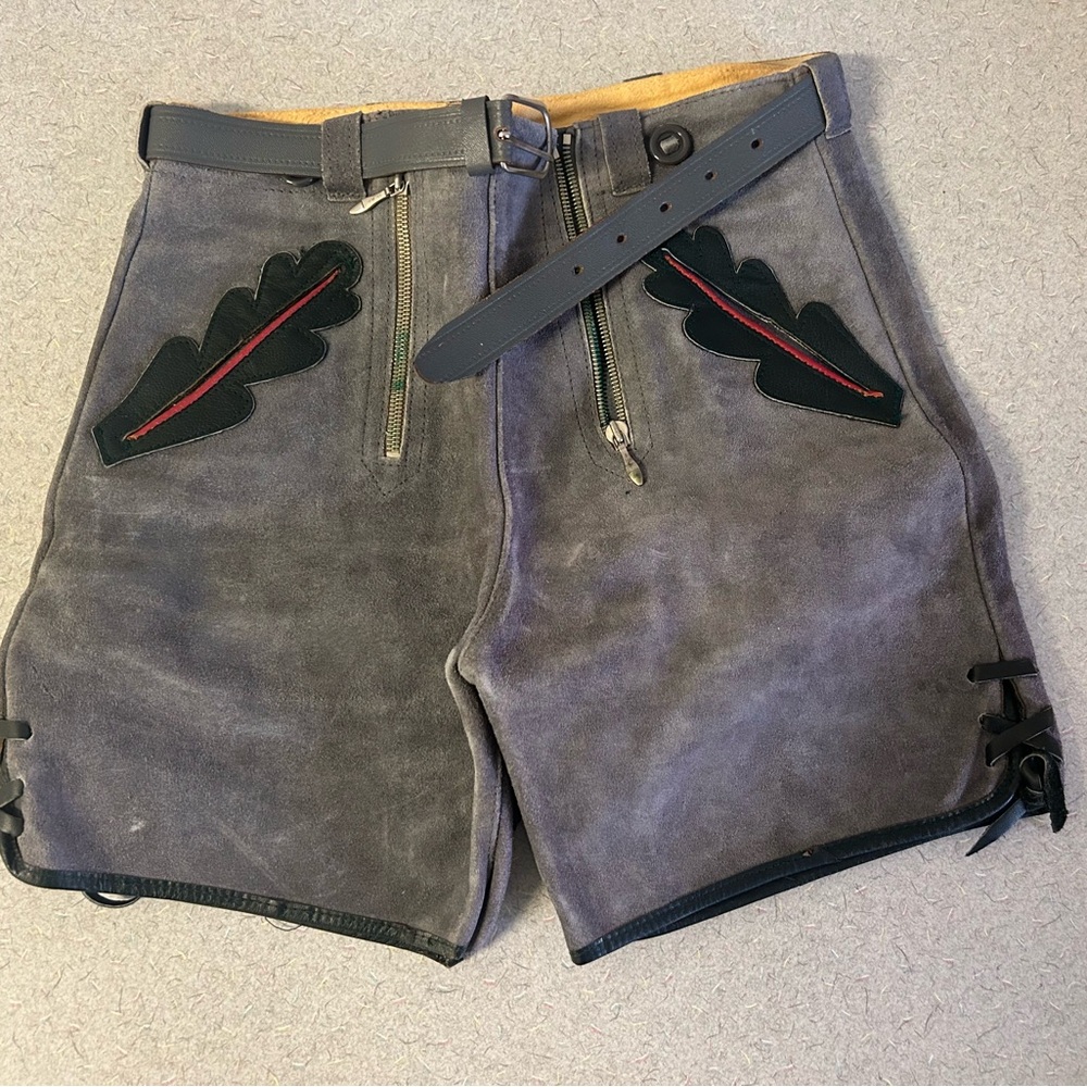 Gray Leather Shorts with Black Leaf Design lederhosen men’s